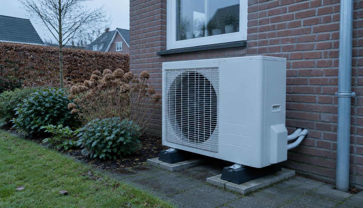 Buitenunit van een warmtepomp naast een bakstenen huis